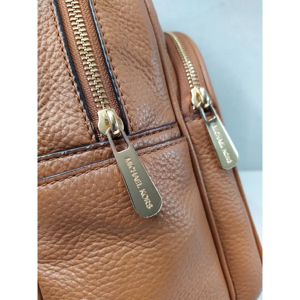 Michael Kors Tan Brown Pebbled Leather Pocket Zip Around Backpack
